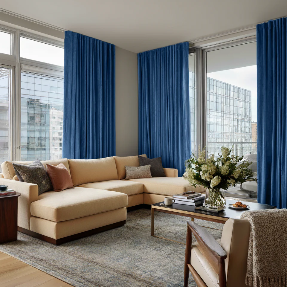 3HLinen_Steel_Blue_Velvet_Back_Tab_Blackout_Curtains_in_a_Living_Room_with_Off-White_Walls