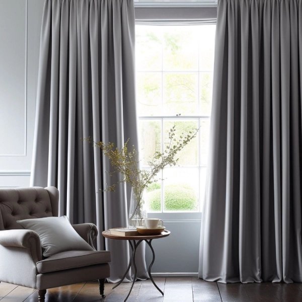 Full-length silver-grey drapes with deep folds framing a window in a classic, elegant interior.