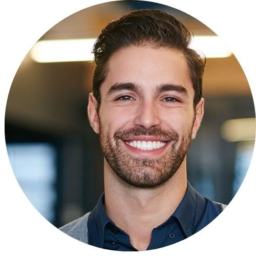 “Smiling young man professional headshot in circular frame”
